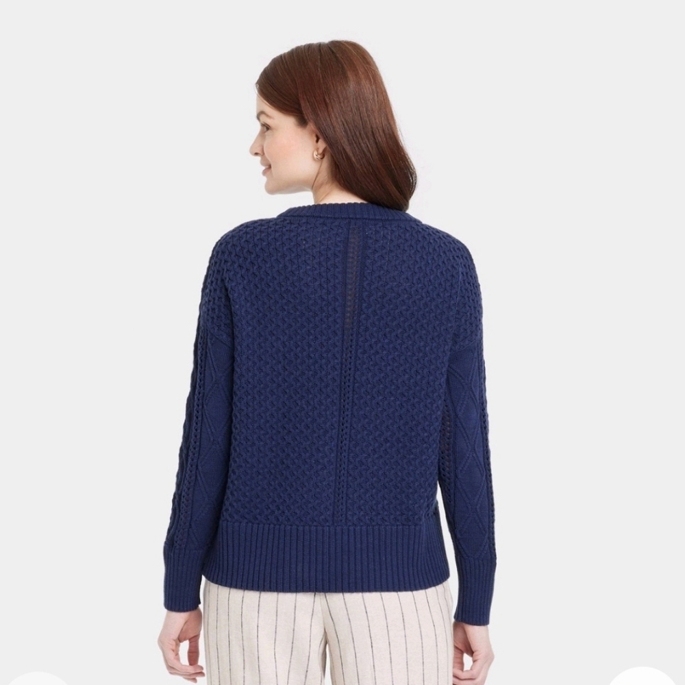 Women's Cable Crewneck Pullover Sweater - A New Day Navy L - Picture 2 of 14
